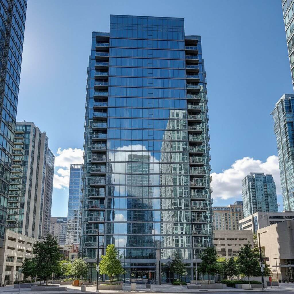 A blue glass residential tower