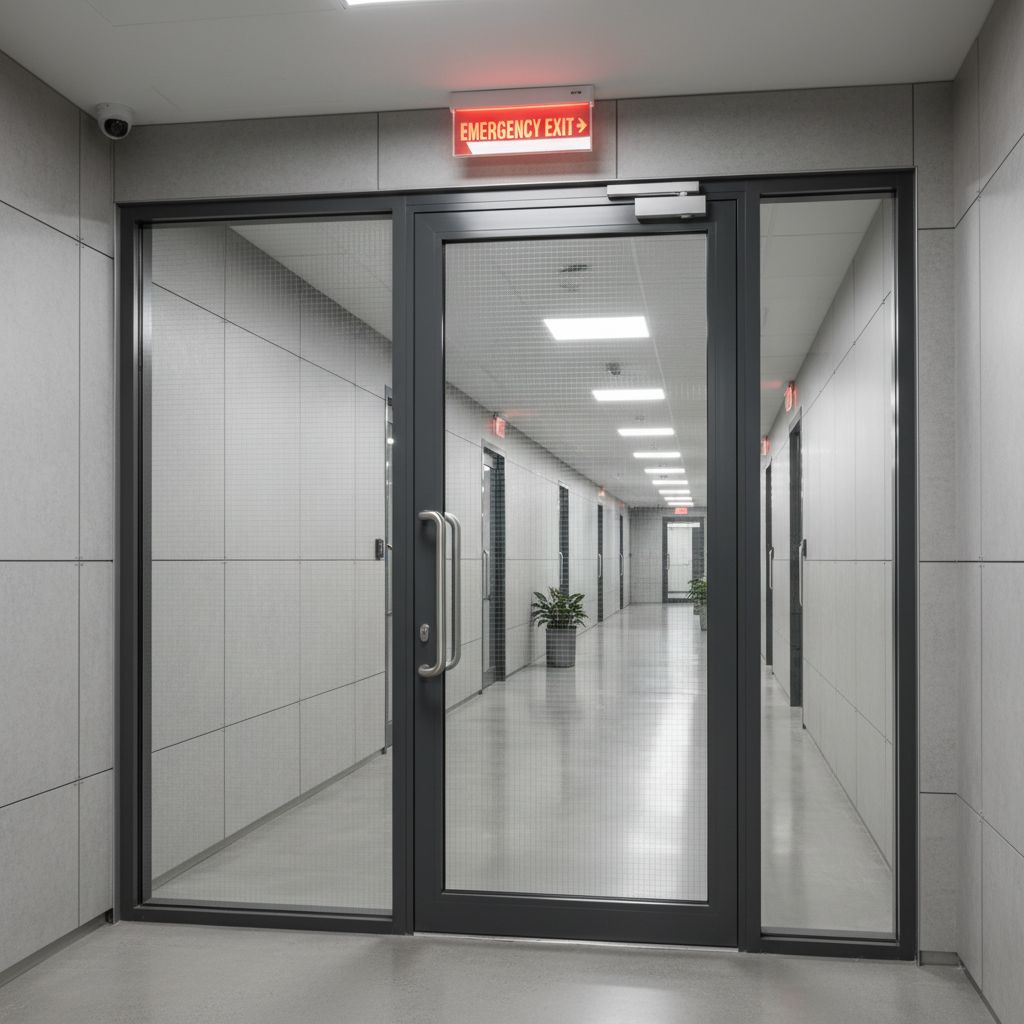 A corridor with fire-rated glass doors