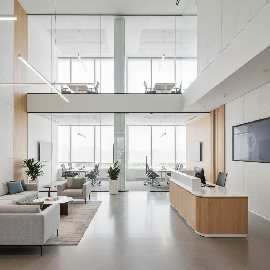 A double-height lobby divided by frameless glass
