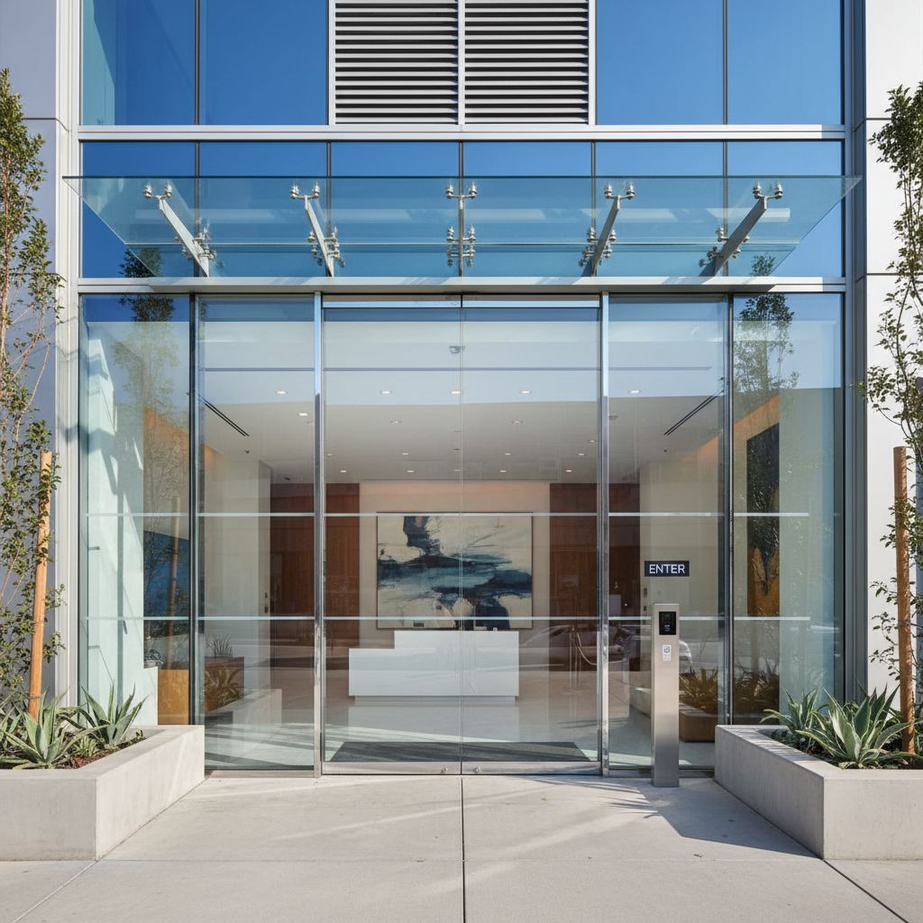 A glazed apartment building entrance
