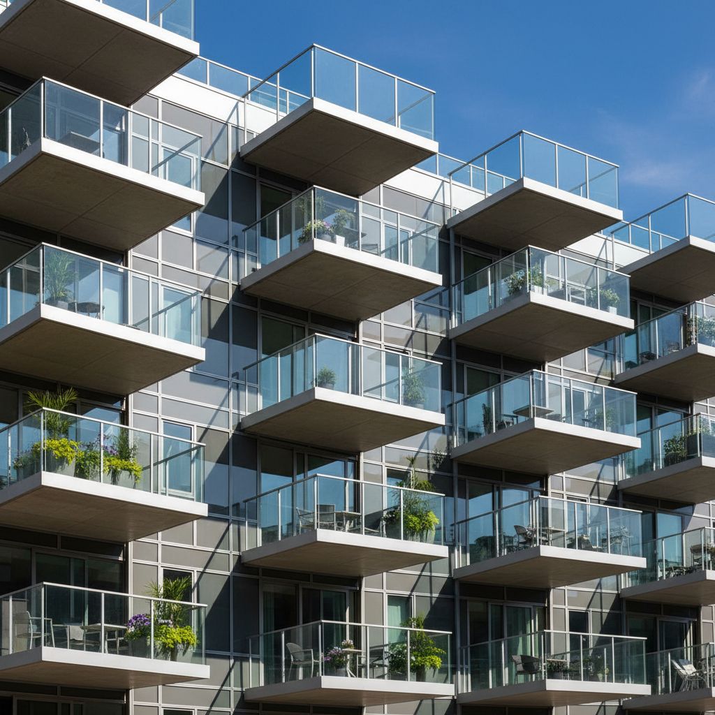 Stacked apartment balconies with glass handrails