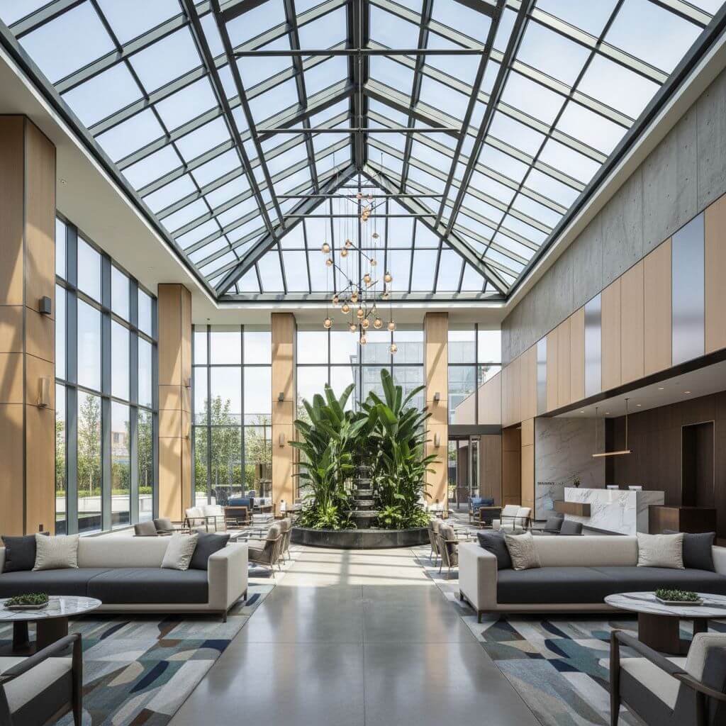 An apartment atrium under a glazed gable roof