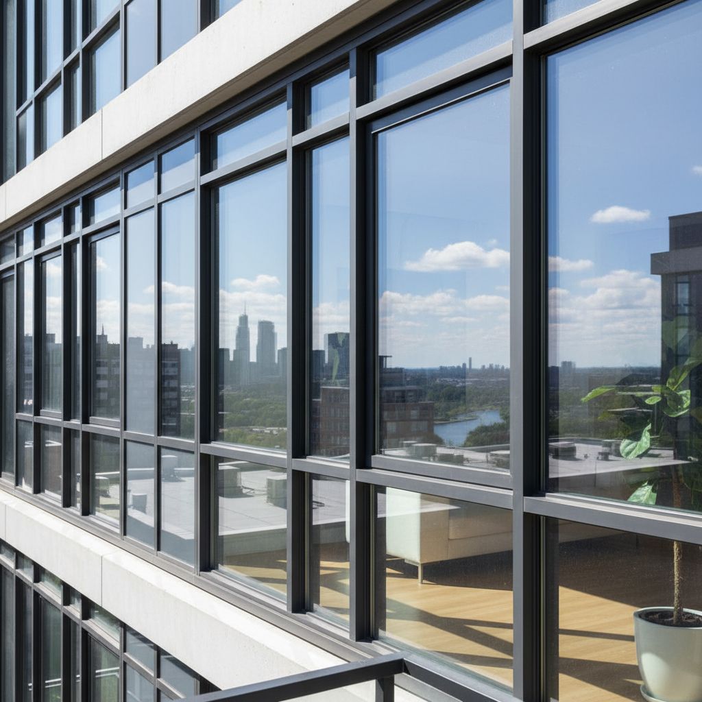 Dark-framed apartment windows above a city view