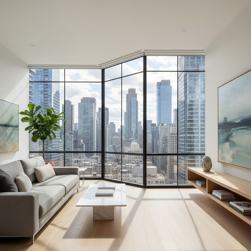 An apartment living room behind a full-height corner window