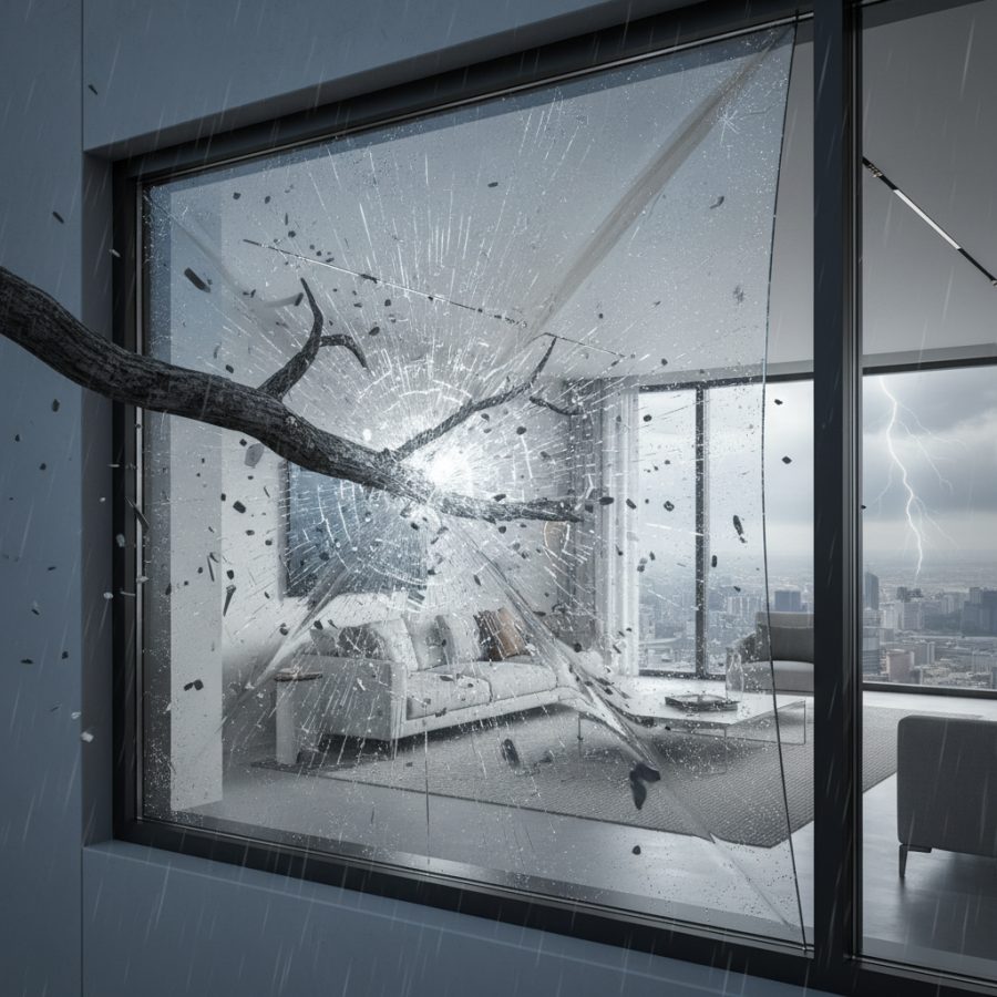 An impact-rated window pane holding together after a strike