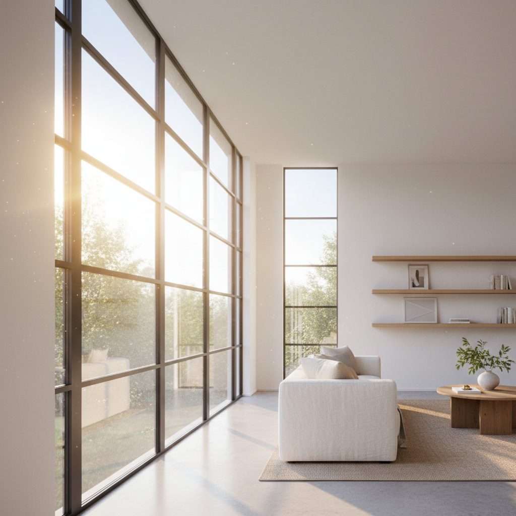 A bright living room with a full-height glazed wall letting in low sunlight