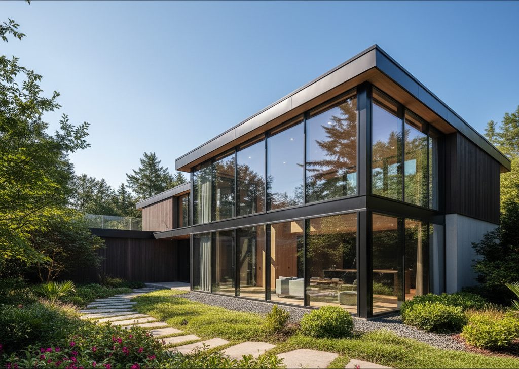A modern home with full-height glazing set among trees