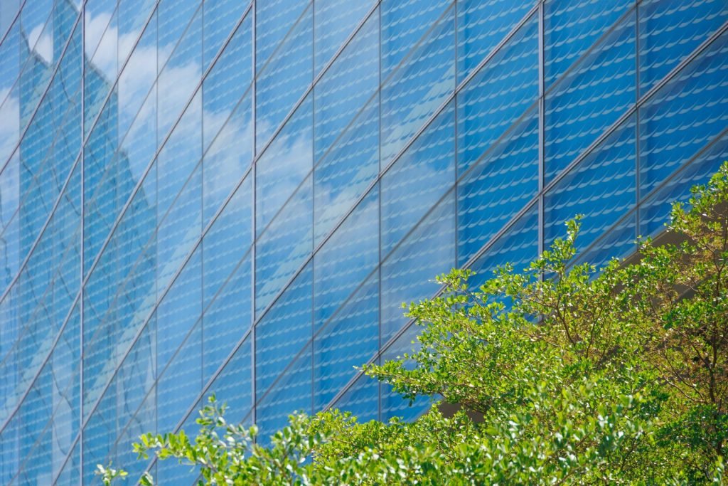 A blue reflective glass curtain wall reflecting sky and cloud, with a tree in front