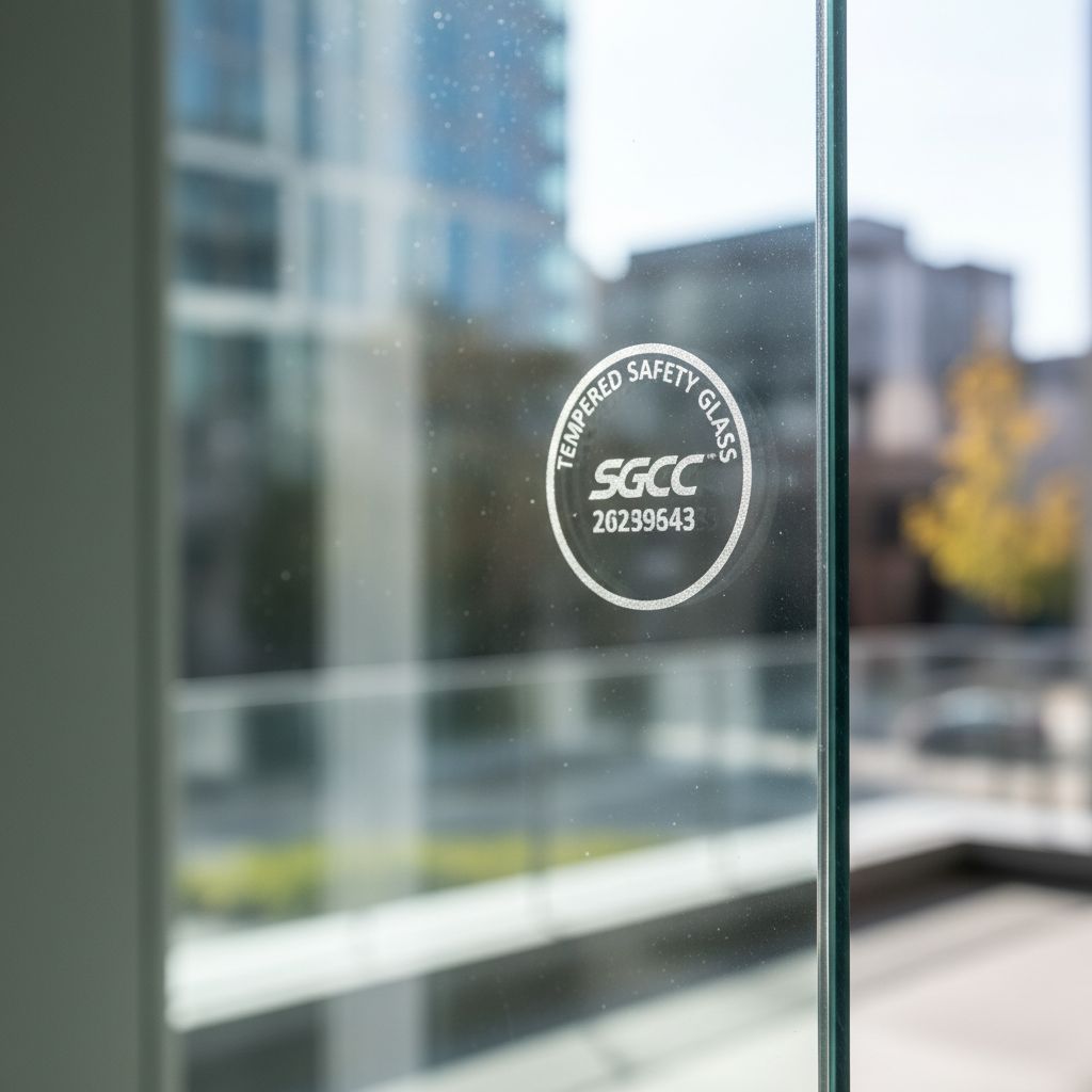 A tempered safety glass panel with its certification stamp etched into the corner