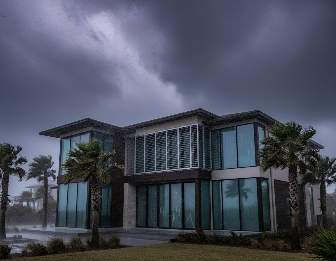 A modern coastal home with shuttered glazing as a hurricane drives rain through the palms