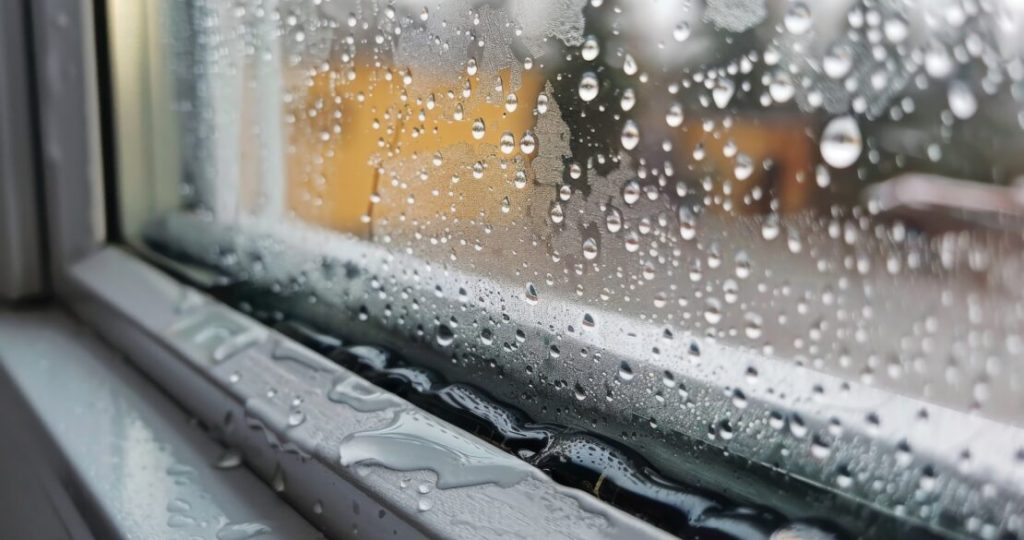 Heavy rain beading and running down a window pane during a storm