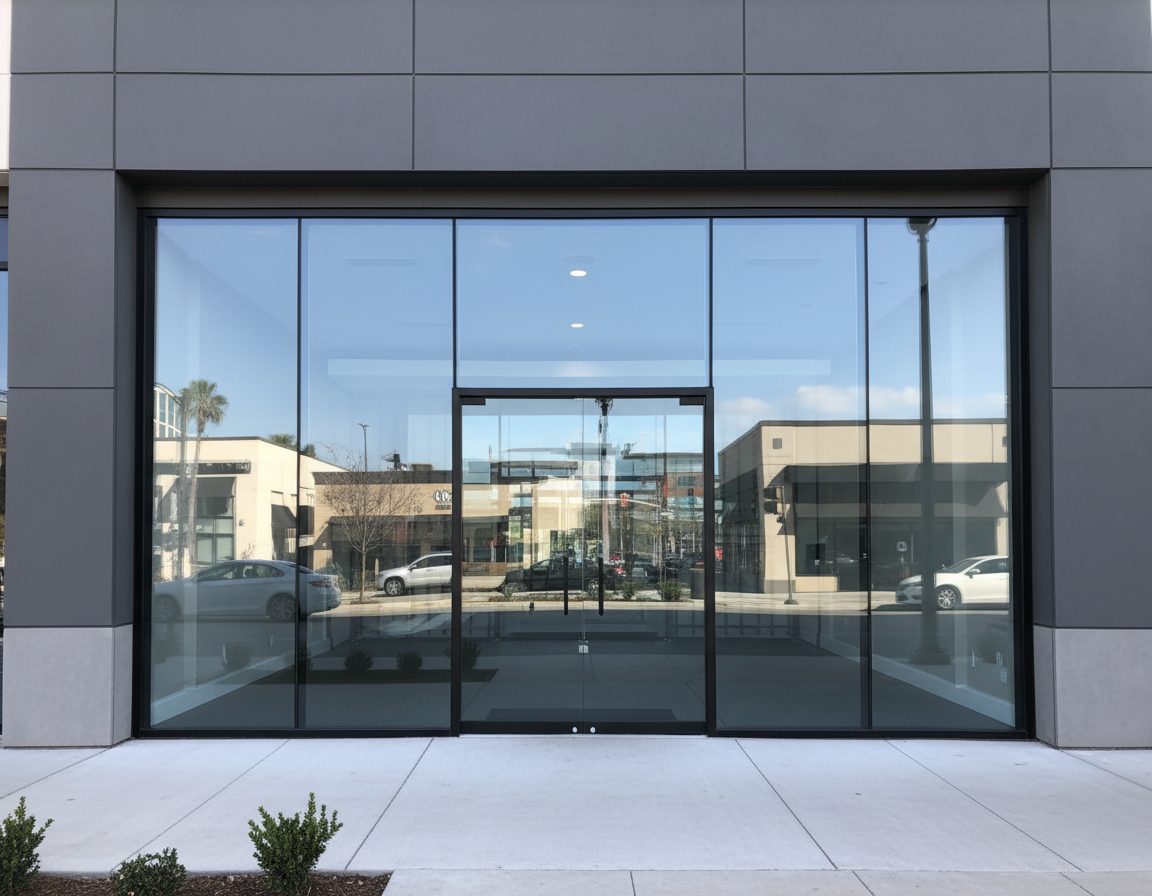 A full-height glass storefront entrance in a grey-clad commercial unit