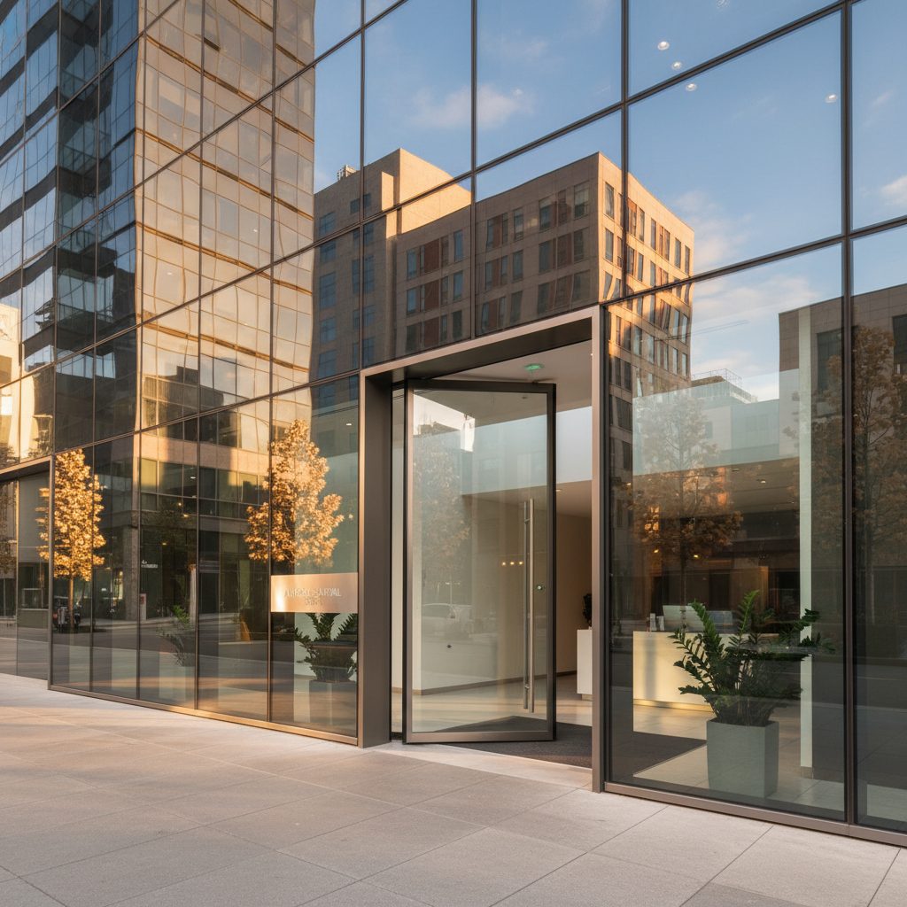 A glazed office entrance reflecting the street in low evening sun