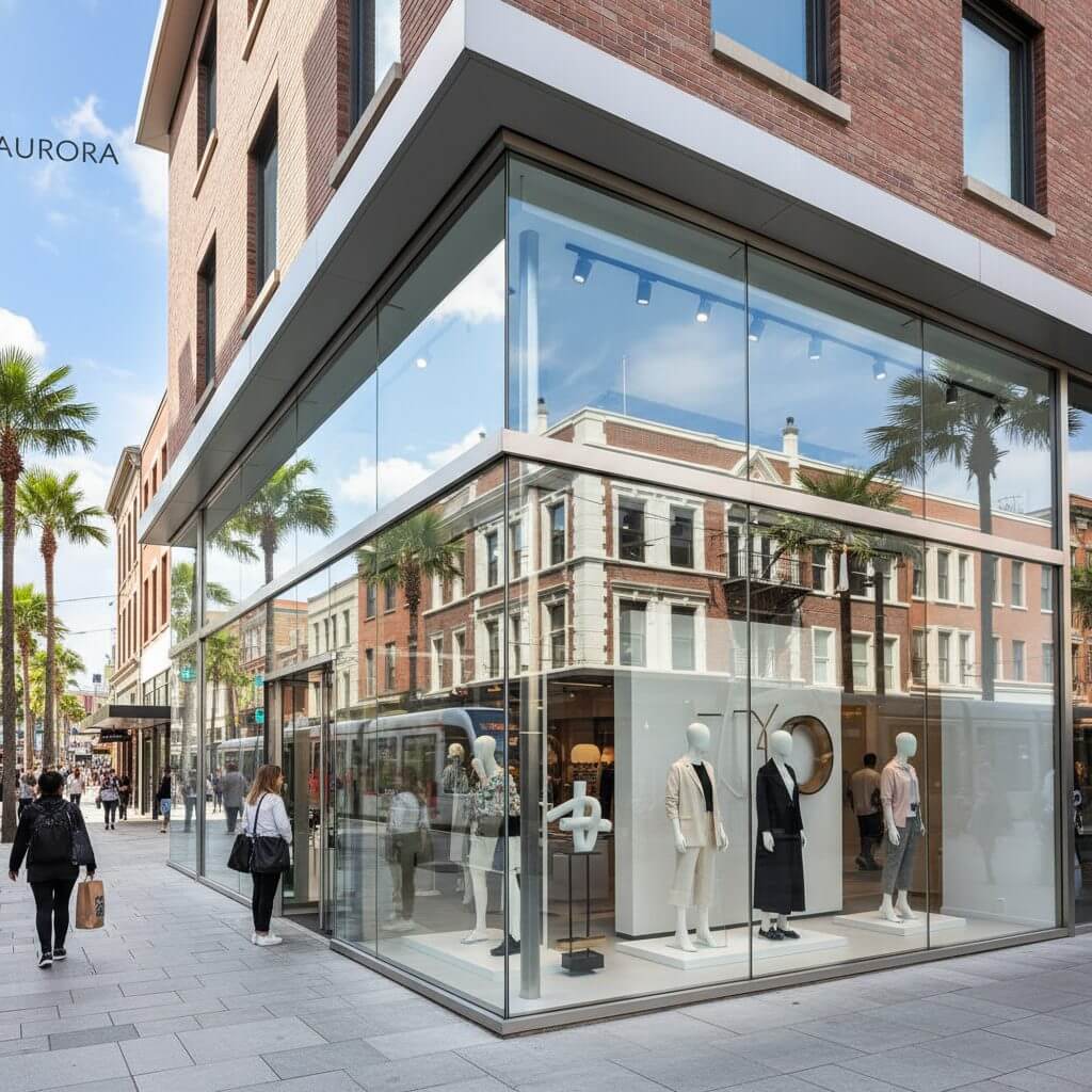 A corner retail unit glazed floor to ceiling, with shoppers passing on the pavement
