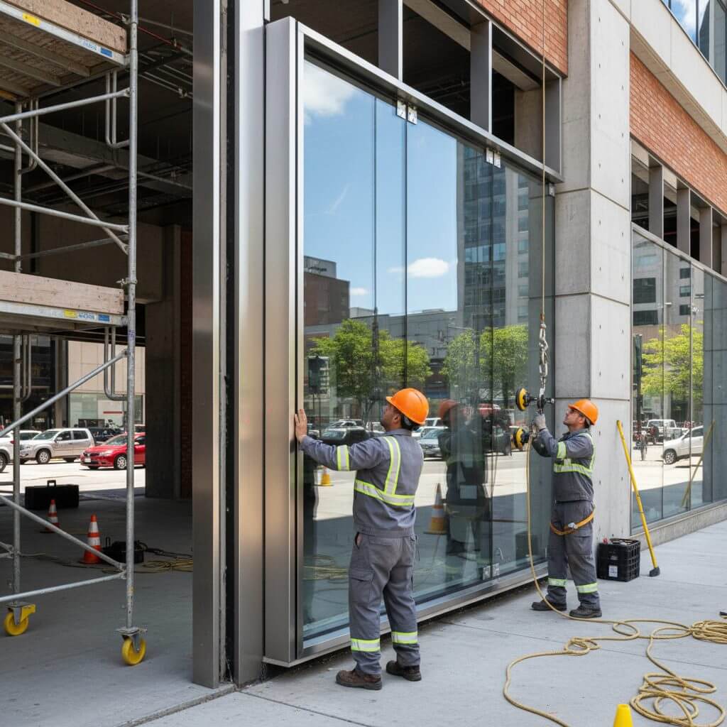 Two glaziers in hard hats setting a large glass panel into a shopfront frame