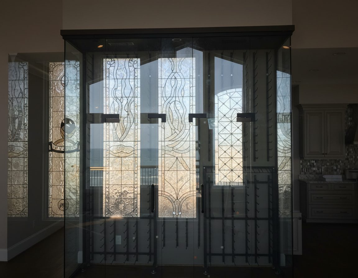 A wall of leaded and patterned glass panels enclosing a lit room